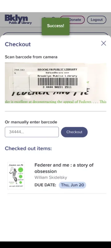 Screenshot of BKLYN app with book checkout scanner showing