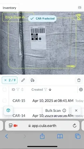 Screenshot of CULA Technologies app doing batch scanning of biochar products
