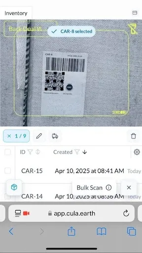 Screenshot of CULA Technologies app doing batch scanning of biochar products