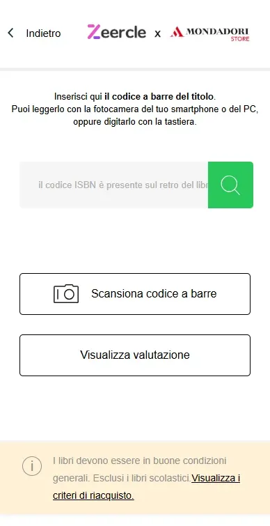 Screenshot of Zeercle app for Mondadori, scan screen