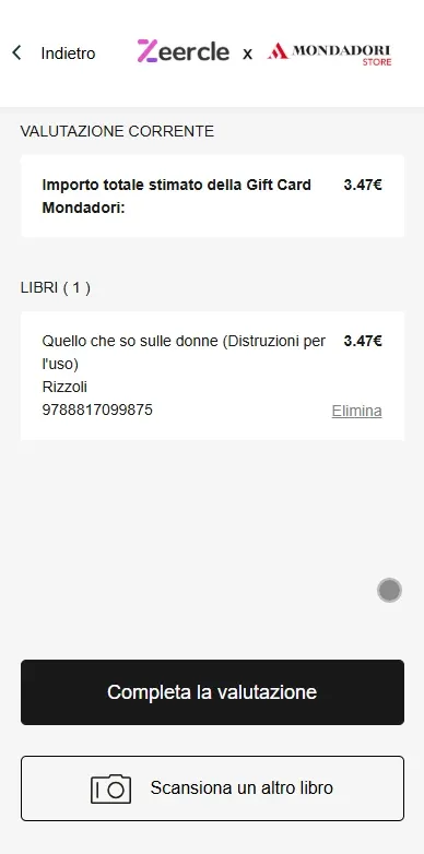 Screenshot of Zeercle app for Mondadori, item valuation screen