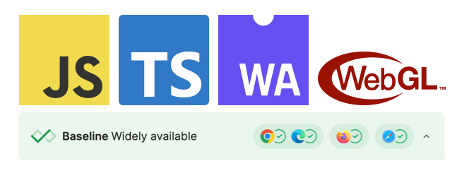 JavaScript, TypeScript, WebAssembly and WebGL logos