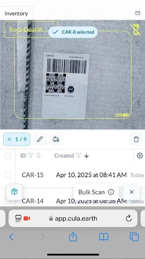 Screenshot of CULA Technologies app doing batch scanning of biochar products