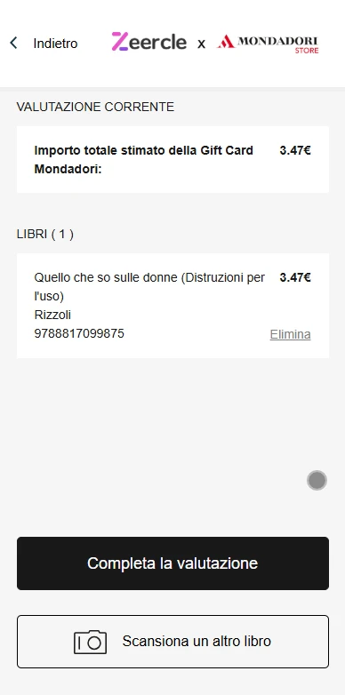 Screenshot of Zeercle app for Mondadori, item valuation screen